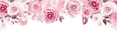 ai gerado Rosa flor quadro, Armação em branco fundo rosas. foto