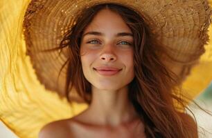 ai gerado retrato do uma mulher vestindo uma Palha chapéu dentro verão. foto