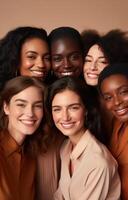 ai gerado seis mulheres estão sorridente juntos em uma bege fundo. foto