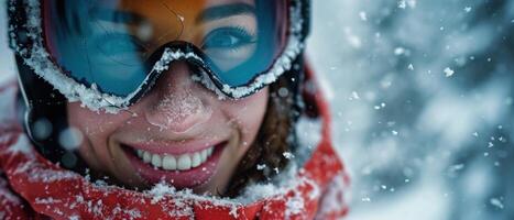 ai gerado neve esquiar com uma sorrir em seu face. foto