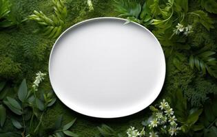 ai gerado branco oval prato dentro vegetação vegetação fundo. foto