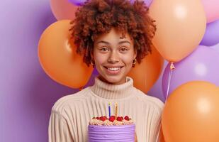 ai gerado mulher segurando brilhante balões e uma bolo para uma aniversário. foto