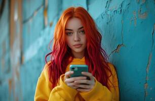 ai gerado mulher com vermelho cabelo segurando dela inteligente telefone. foto