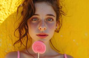 ai gerado uma Adolescência menina segurando uma Rosa pirulito enquanto mostrando fora dela boca foto