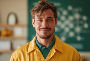 ai gerado uma feliz homem em pé dentro uma amarelo camisa foto