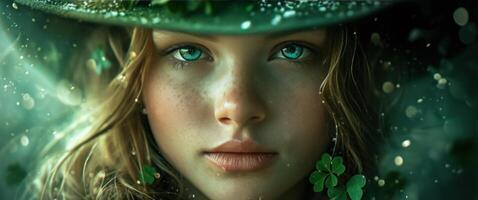 ai gerado feliz st patrick dia 2019 menina com uma verde chapéu segurando trevo folhas foto