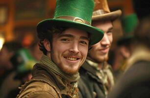 ai gerado homens dentro verde e Castanho chapéus às a st patrick's dia festa foto