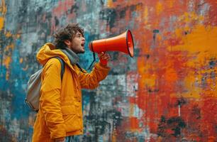 ai gerado homem usando megafone para anunciar dele mensagem foto