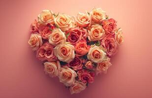 ai gerado rosas arranjado para dentro uma coração em isto Rosa fundo foto