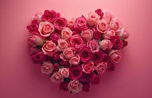 ai gerado rosas arranjado para dentro uma coração em isto Rosa fundo foto
