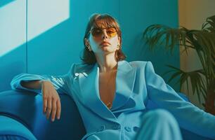ai gerado mulher dentro azul terno e oculos de sol sentado em uma azul fundo foto