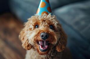 ai gerado uma cachorro é sorridente e a comemorar uma aniversário aniversário cachorro foto