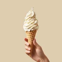 ai gerado uma mãos detém a gelo creme cone com gelo creme foto