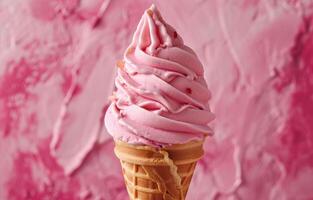 ai gerado Rosa gelo creme cone a partir de waffle cone com gelo em uma quente verão dia sobre Rosa fundo foto