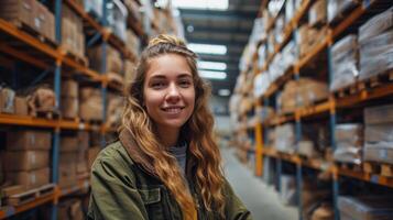 ai gerado menina sorridente dentro armazém ou distribuição quarto foto