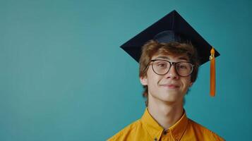 ai gerado minimalista vívido propaganda fundo com bonito homem dentro graduação boné e cópia de espaço foto