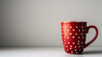 ai gerado vermelho café caneca dentro branco corações em minimalista fundo com cópia de espaço foto