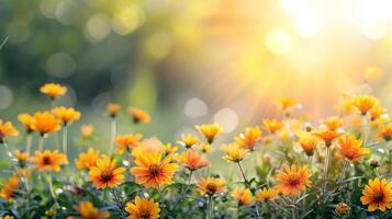 ai gerado Primavera natural fundo com flores, Sol queimado e cópia de espaço foto