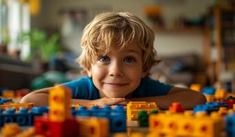 ai gerado jovem Garoto jogando com Lego construção blocos foto