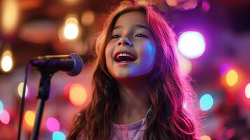 ai gerado feliz lindo menina canta dentro karaokê, borrado fundo com cópia de espaço foto