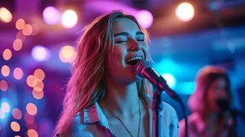 ai gerado feliz lindo menina canta dentro karaokê, borrado fundo com cópia de espaço foto