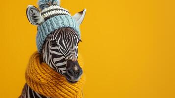 ai gerado minimalista vívido propaganda fundo com fofa zebra dentro tricotado chapéu e cópia de espaço foto