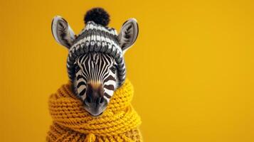 ai gerado minimalista vívido propaganda fundo com fofa zebra dentro tricotado chapéu e cópia de espaço foto
