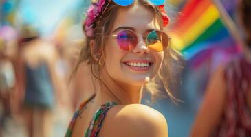 ai gerado jovem mulher às festival com arco Iris bandeiras em dela cabeça foto