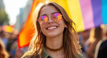 ai gerado com uma arco Iris bandeira Como uma vento, jovem mulher sorridente perto a multidão foto