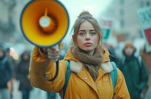 ai gerado uma mulher segurando uma megafone e protestando rua sinais, foto
