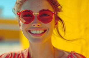 ai gerado uma mulher sorridente vestindo vermelho oculos de sol foto