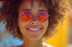 ai gerado uma mulher sorridente vestindo vermelho oculos de sol foto