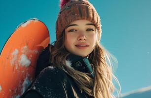 ai gerado uma jovem mulher dentro Preto Jaqueta Esportes uma snowboard em uma azul fundo foto