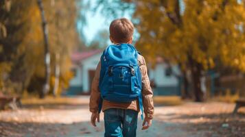 ai gerado uma Garoto com uma azul escola mochila alegremente anda em para escola foto