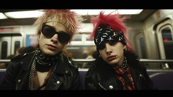 ai gerado uma casal do adolescentes vestido Como punks passeio a metrô dentro cidade foto