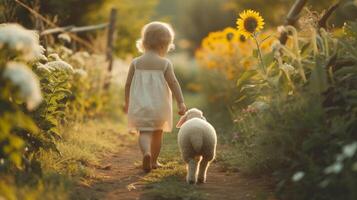 ai gerado uma pequeno menina anda em dentro a verão jardim com uma pequeno ovelha foto