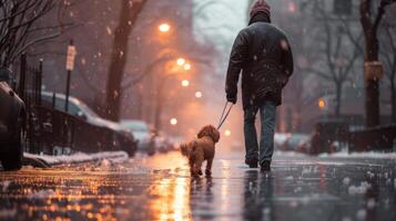 ai gerado uma homem anda em dele yorkshire terrier cachorro dentro a chuva ao longo a rua do cidade foto