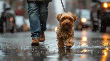 ai gerado uma homem anda em dele yorkshire terrier cachorro dentro a chuva ao longo a rua do cidade foto