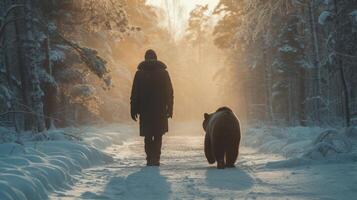 ai gerado uma popa russo homem dentro uma ushanka chapéu anda em com uma Urso dentro uma siberian inverno floresta foto