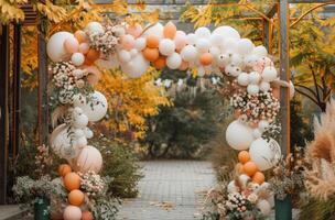 ai gerado uma Casamento nupcial arco decorado com branco balões foto