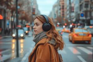 ai gerado uma mulher risos e sorrisos às a pessoa com fones de ouvido caminhando baixa a esvaziar cidade foto