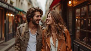 ai gerado uma jovem e feliz casal anda em baixa a rua segurando mãos dentro cidade foto