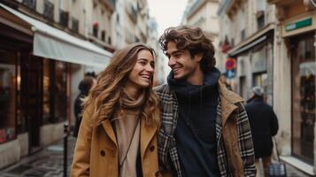 ai gerado uma jovem e feliz casal anda em baixa a rua segurando mãos dentro cidade foto