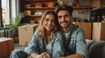 ai gerado uma jovem casal é sentado dentro a apartamento com uma pilha do ampla Castanho cartão caixas foto