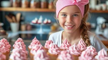 ai gerado lindo menina 12 anos velho coze feriado bolos de copo dentro a cozinha foto