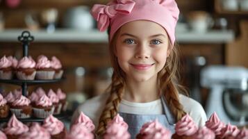ai gerado lindo menina 12 anos velho coze feriado bolos de copo dentro a cozinha foto