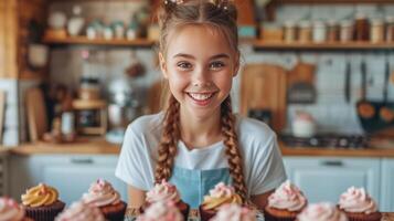 ai gerado lindo menina 12 anos velho coze feriado bolos de copo dentro a cozinha foto