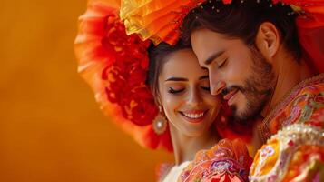 ai gerado lindo espanhol jovem casal dançando dentro nacional fantasias latim dança foto
