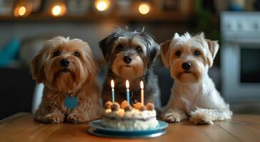 ai gerado aniversário cachorros pose dentro frente do uma aniversário bolo foto