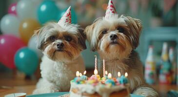 ai gerado aniversário cachorros pose dentro frente do uma aniversário bolo foto